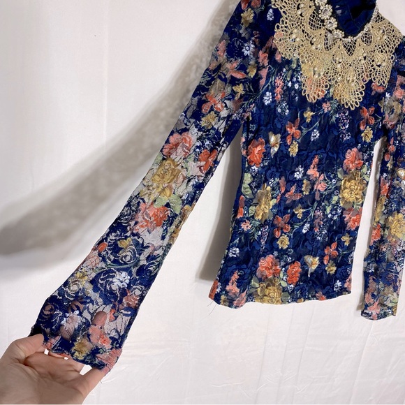 Vintage Y2K Floral Lace Embellished Long Sleeve Mock Neck Top XS - Picture 12 of 16